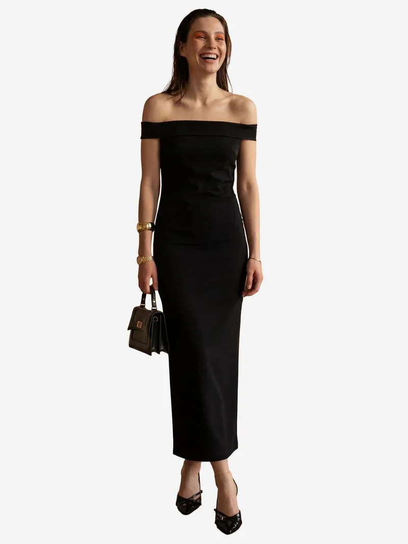 MY FASHION Black MY FASHION Off Shoulder Bodycon Maxi Dress with Slit for Women | Best Price UAE